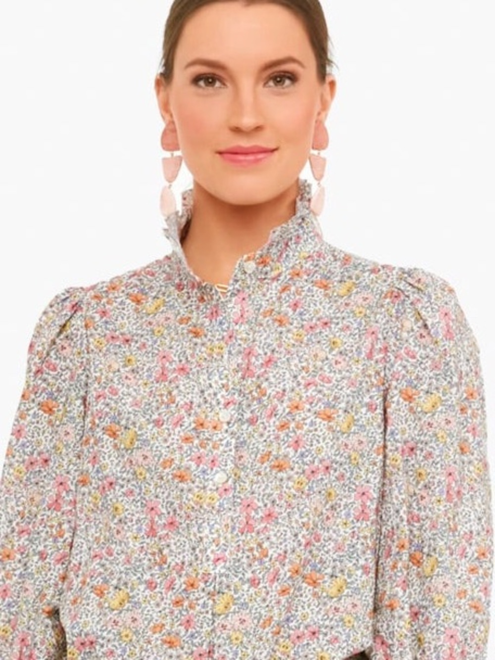 Tuckernuck L Floral Ruffle Popover Blouse Preppy Romantic Office Button Flowy